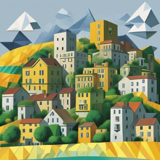 Cubist Village Scene in Vibrant Colors