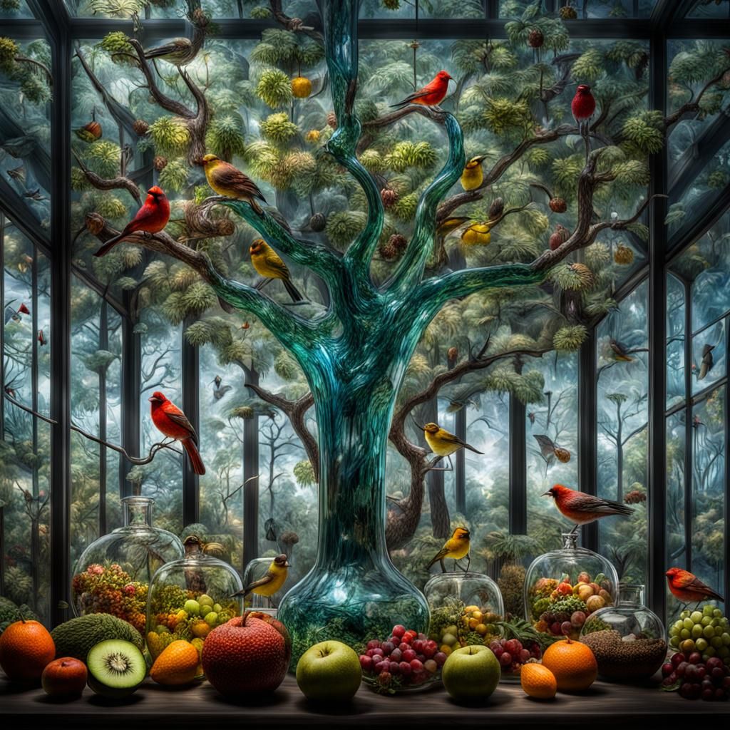 Glass Forest with Glass Birds: Hyperrealistic Art