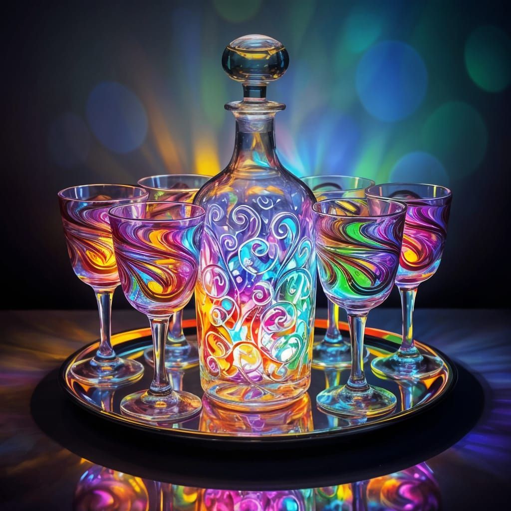 Stain-Glass alcohol dispenser and 6 stain-glass glasses, on ...