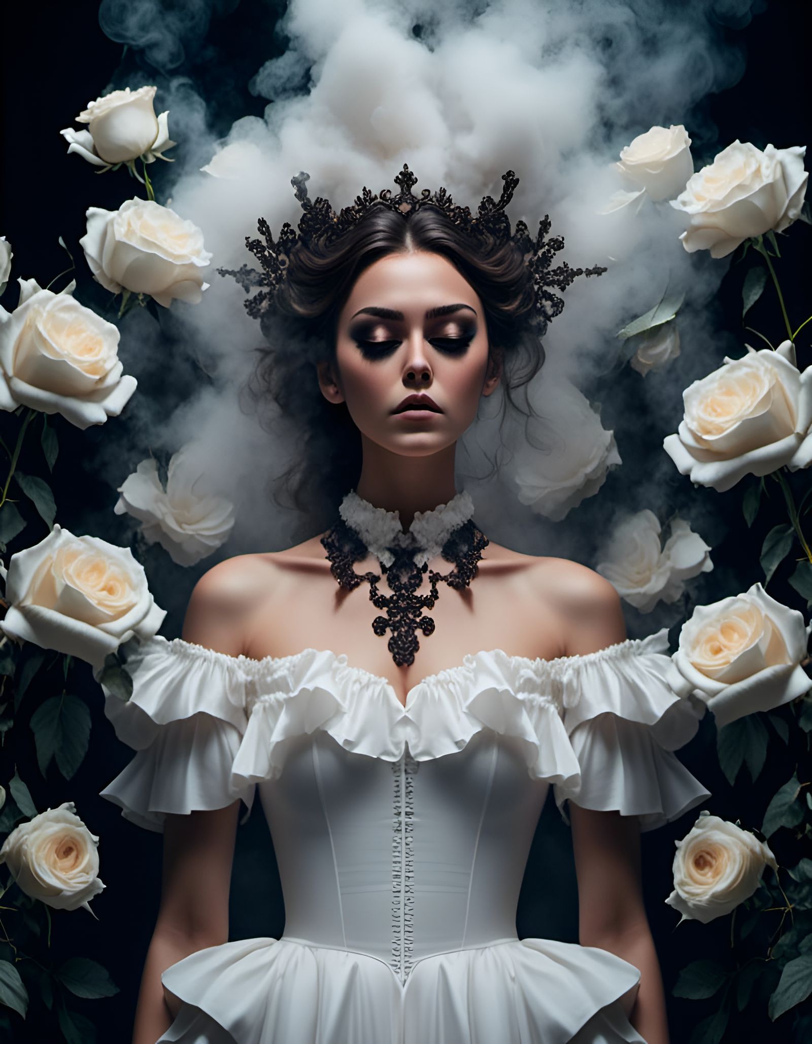 Gothic Woman in Roses with Smoke, Decadent Beauty