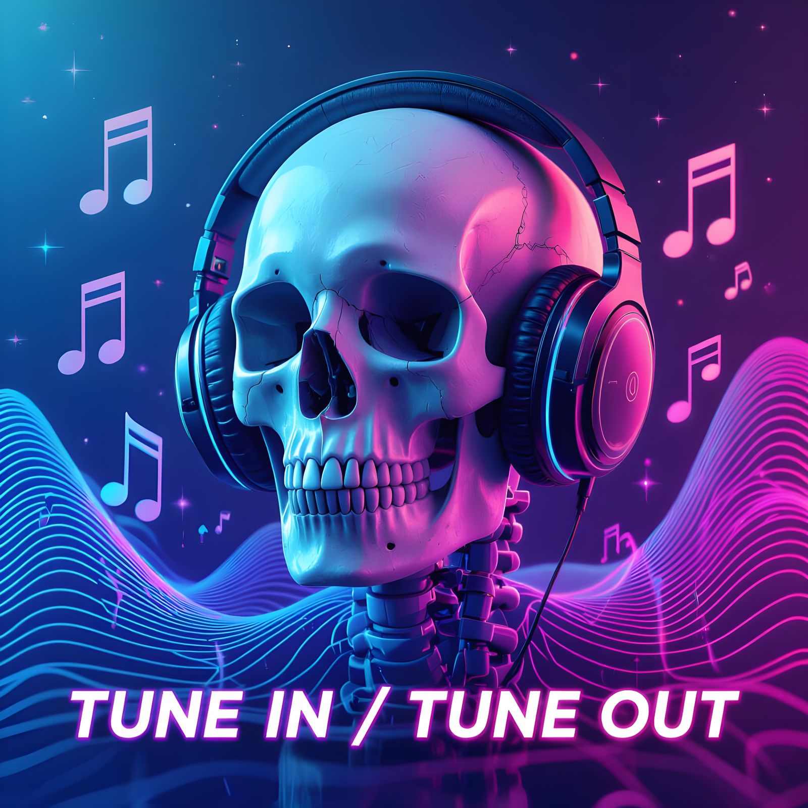 Neon Skull with Headphones Digital Art