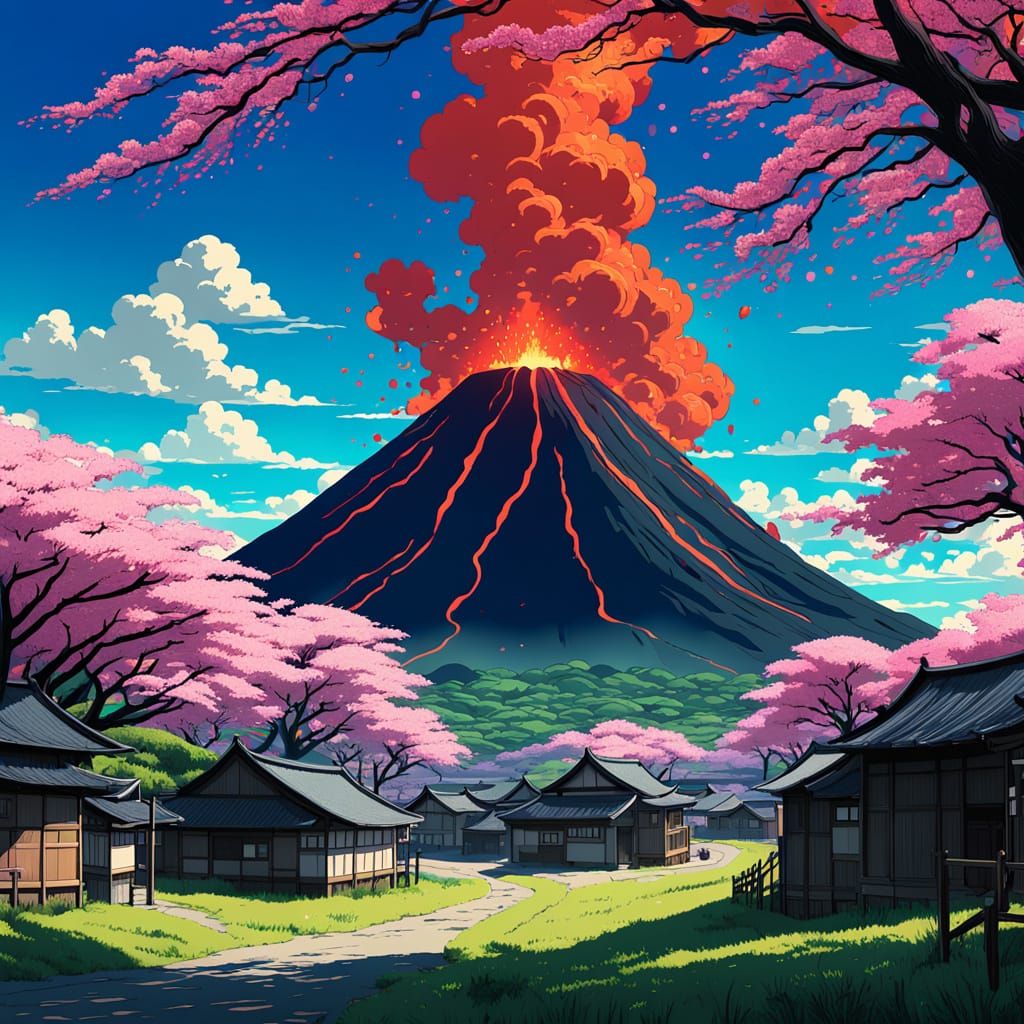 Volcano and Cherry Blossoms: Studio Ghibli Anime Scene