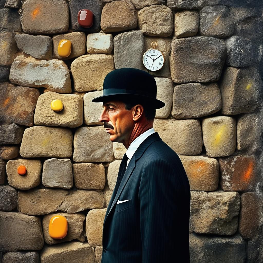 Surreal Man with Bowler Hat and Melting Clocks