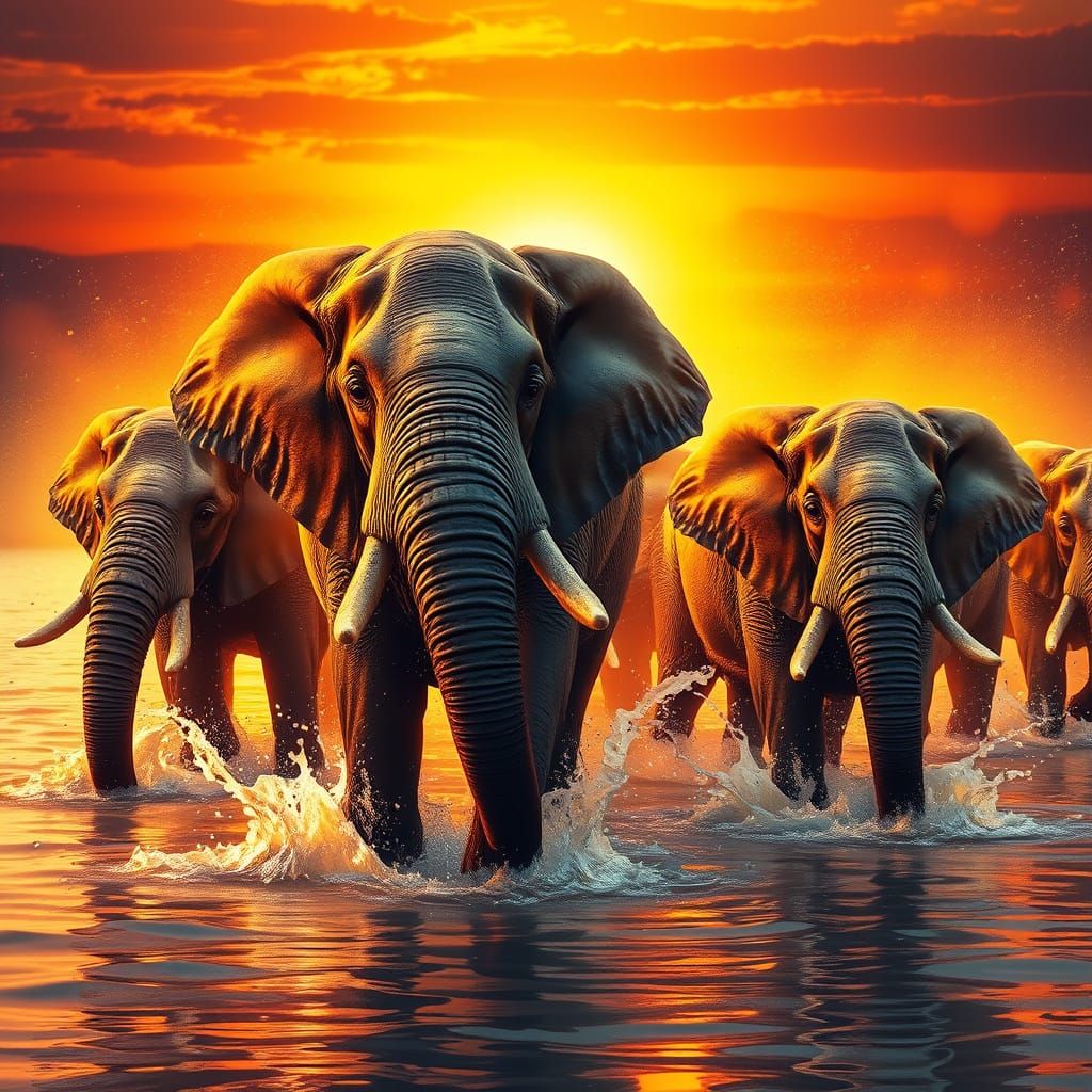 Wild Elephants in Warm Golden Light, Frolicking in Shallow R...