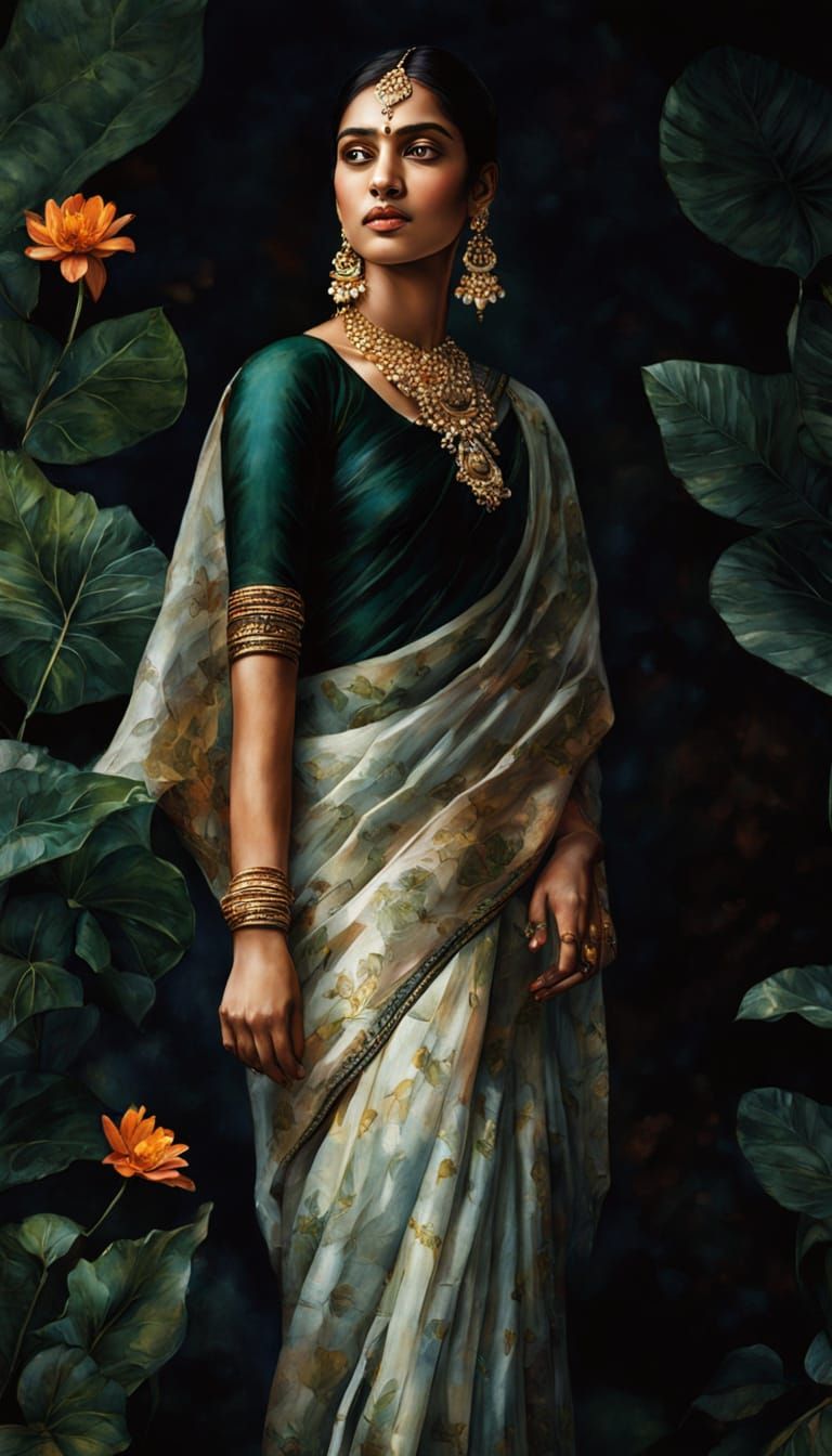 Vibrant Indian Woman in Colorful Sari in Lush Garden