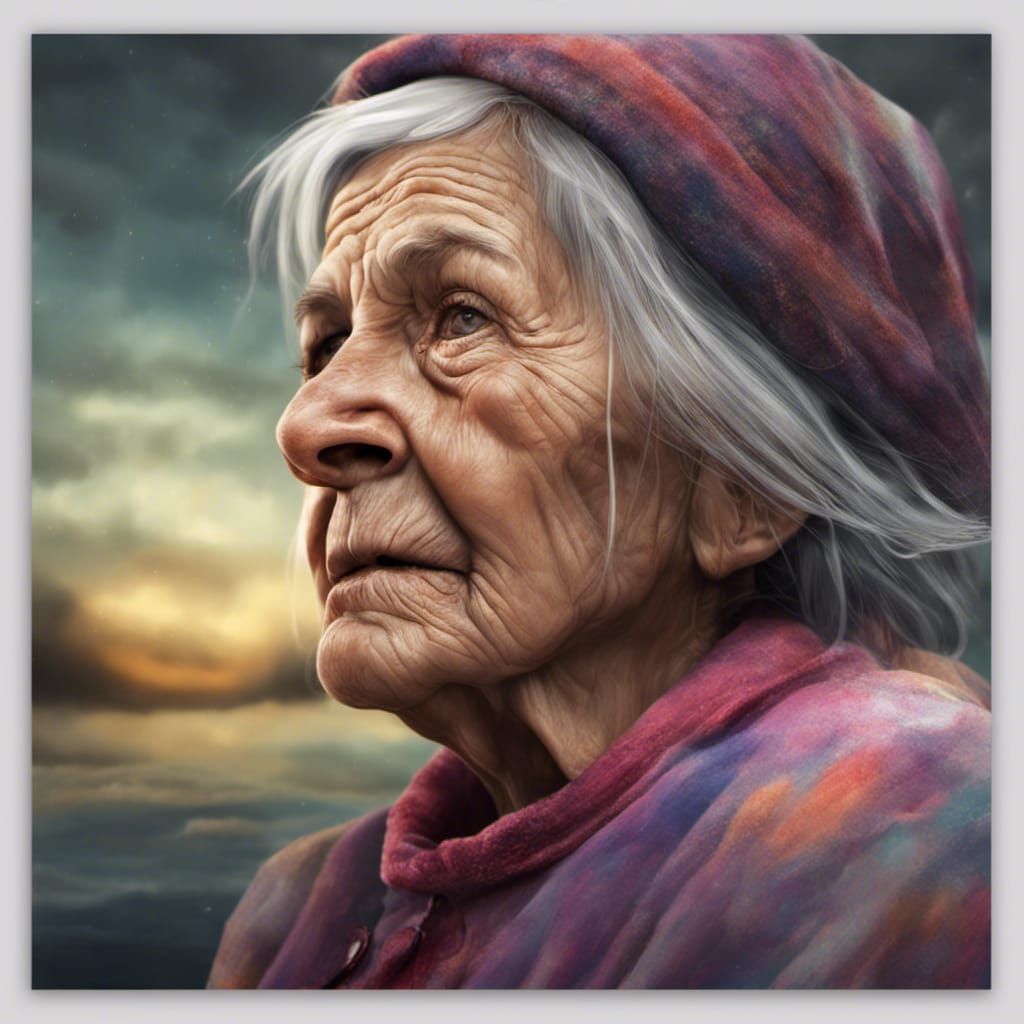 Hyperrealistic Old Lady in Calm Before Storm