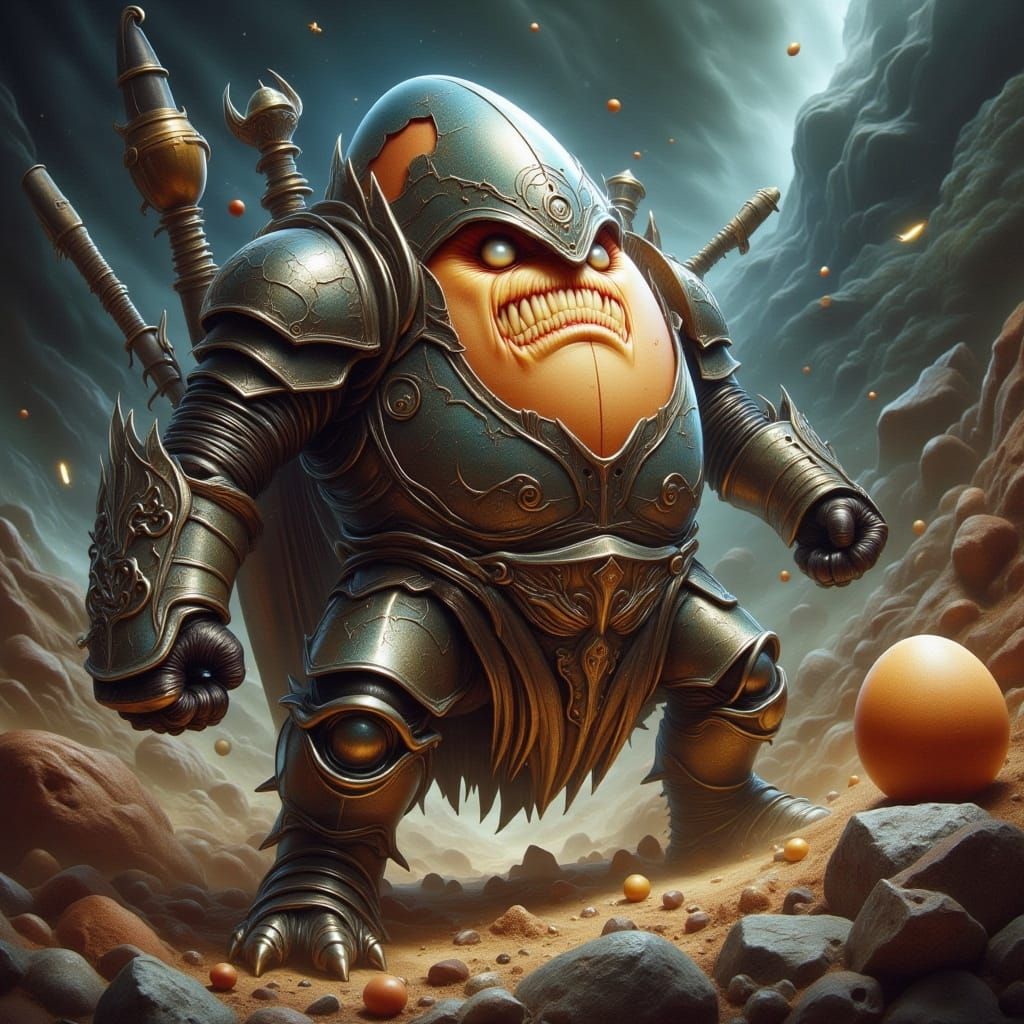 Angry Egg Knight Charges in Dark Fantasy Style