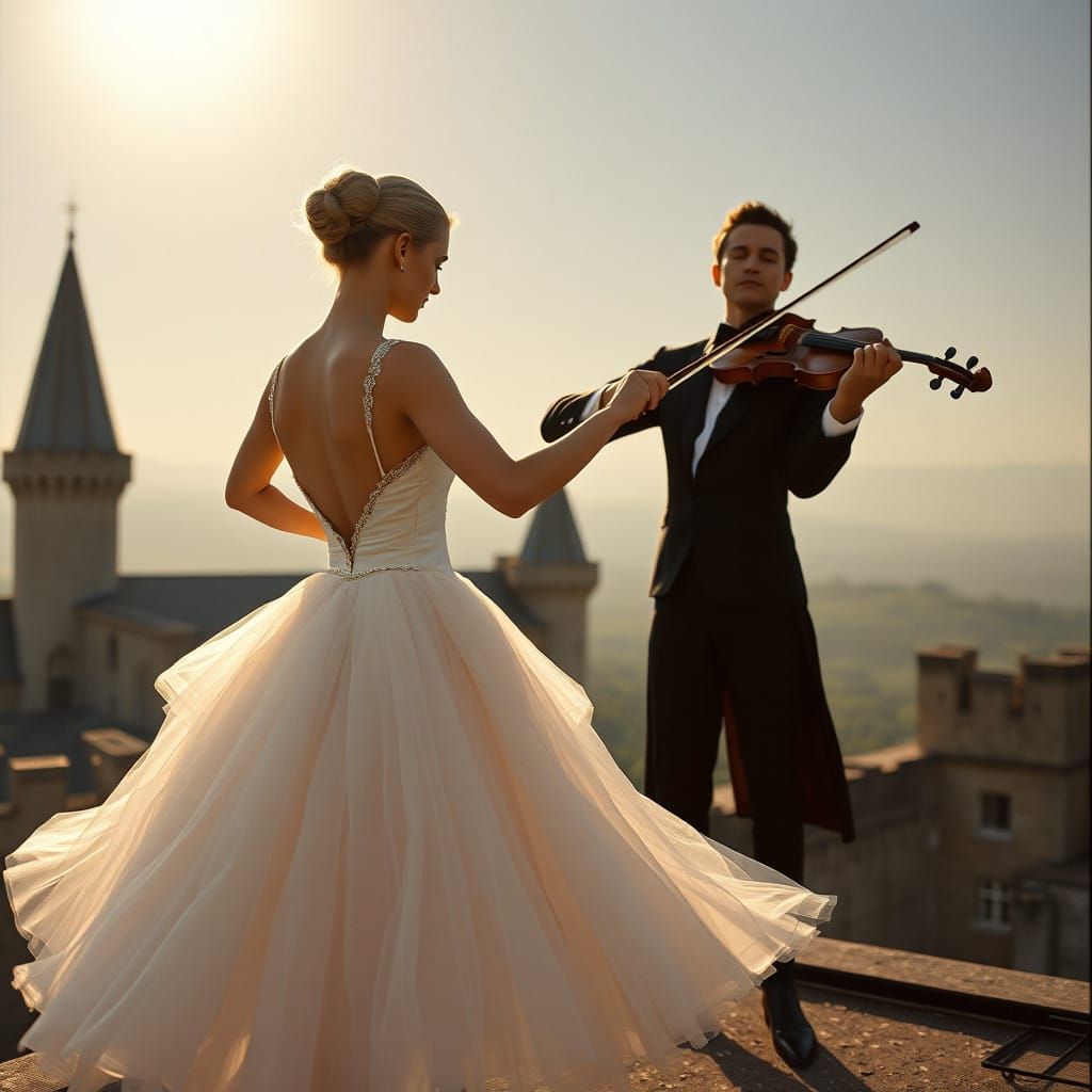 Ethereal Ballerina under Moonlit Castle Rooftop amidst Cinem...