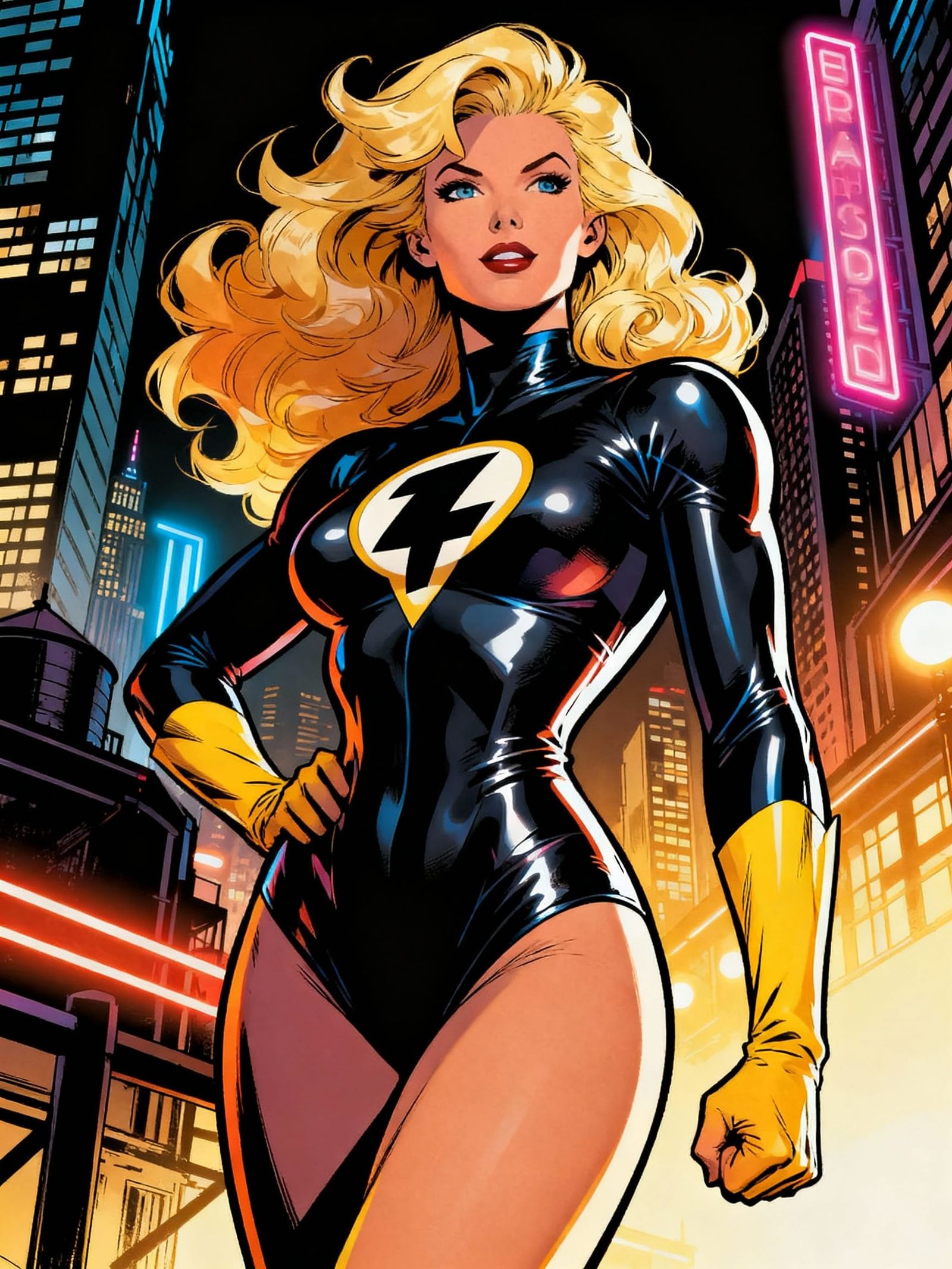 Blonde Superhero in Latex Outfit in Bright City