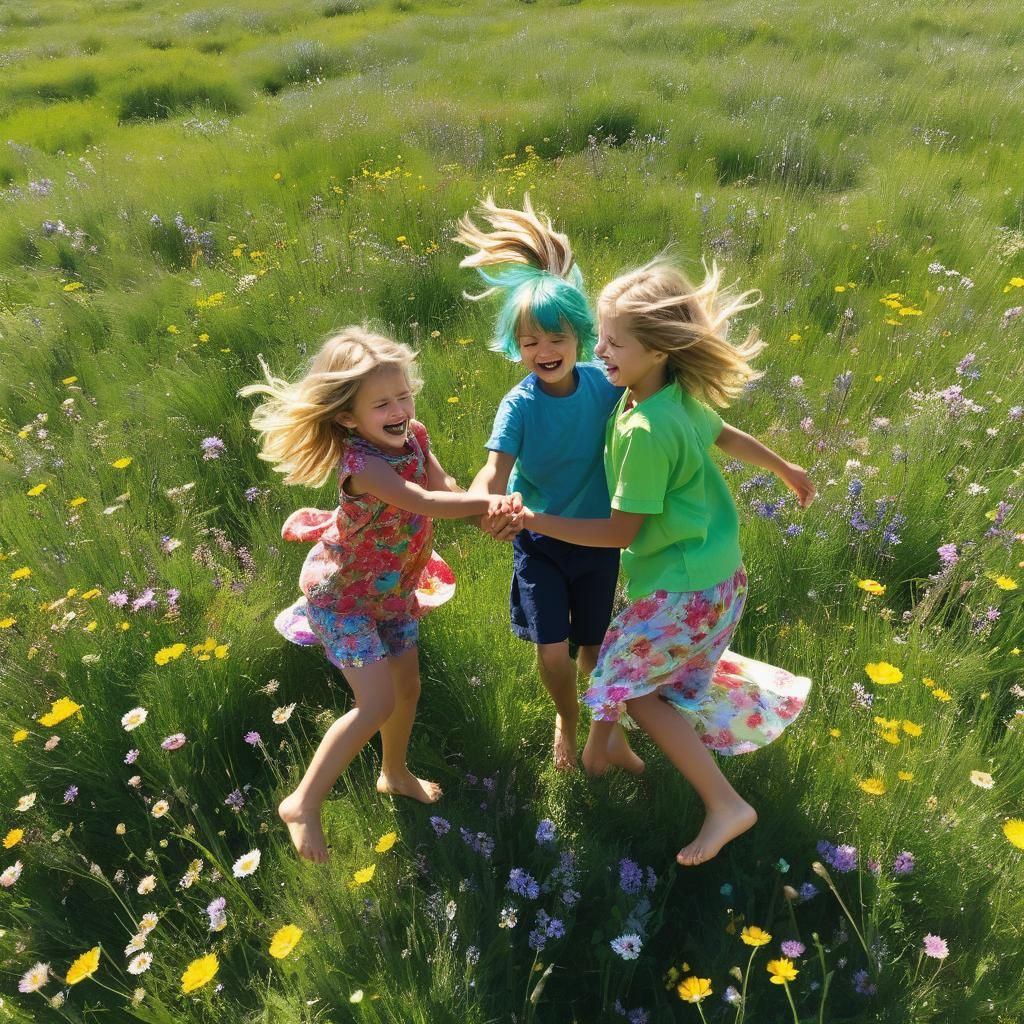 Joyful Children Play in a Sunny Meadow