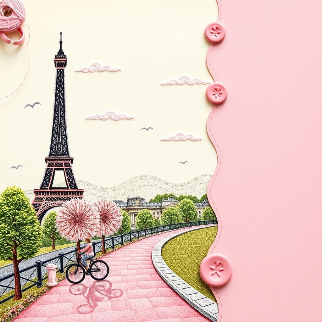 Eiffel Tower Embroidered Landscape in Pastel Pink