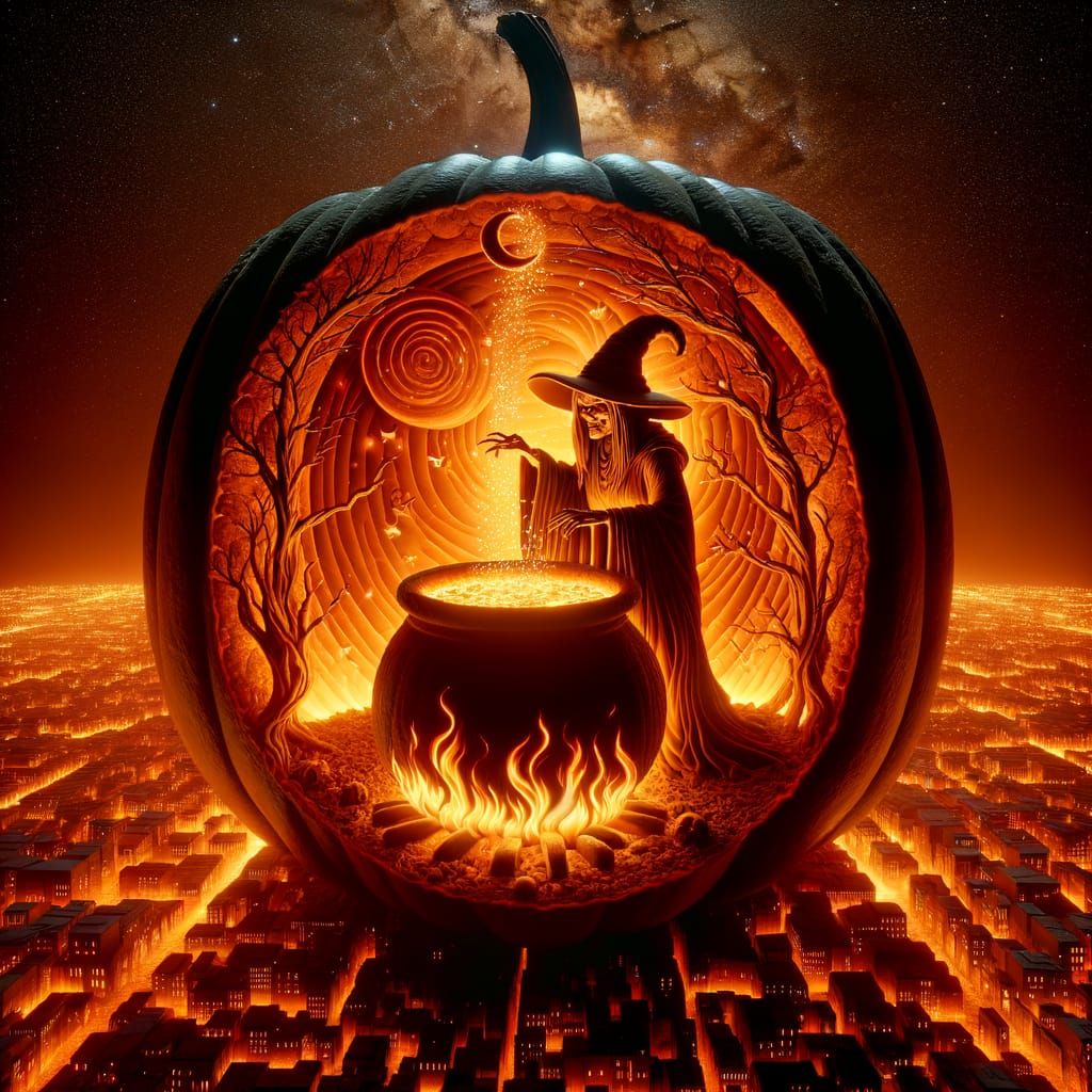Hyper-Realistic Flaming Pumpkin Interior with Witch Scene