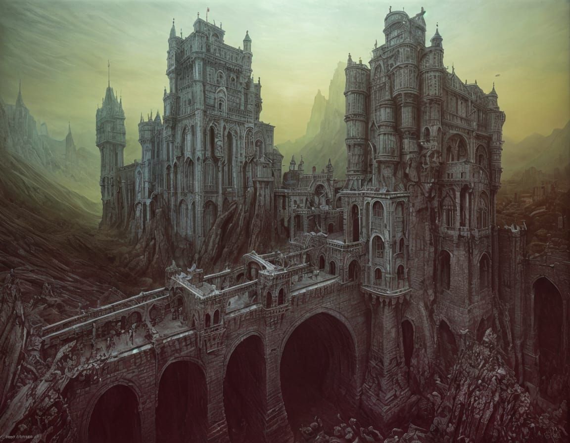 Surreal Castle with Drawbridges: A Dreamlike Painting