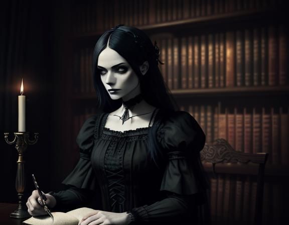 Gothic Woman in Dimly Lit Library