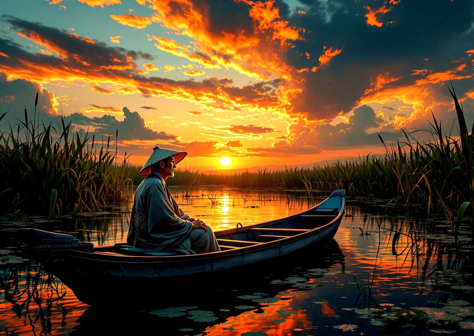 Ancient Chinese Gentleman Admires Hyperdetailed Sunset on Ma...