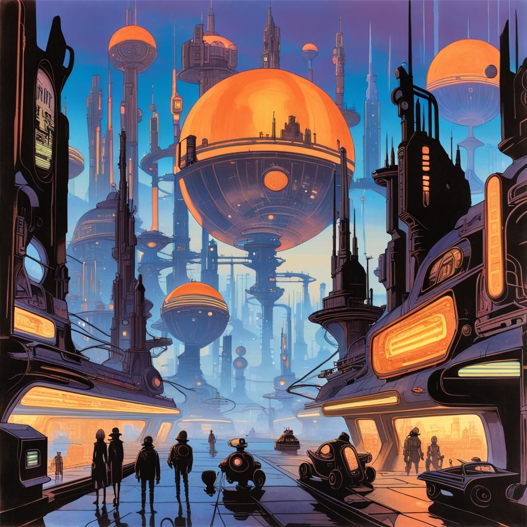 Futuristic Cityscape with Bender, Leela, and Fry