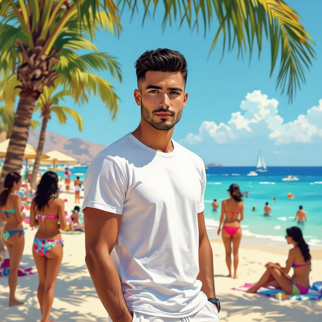 Sunny Beach Scene with Young Man in Vibrant Colors