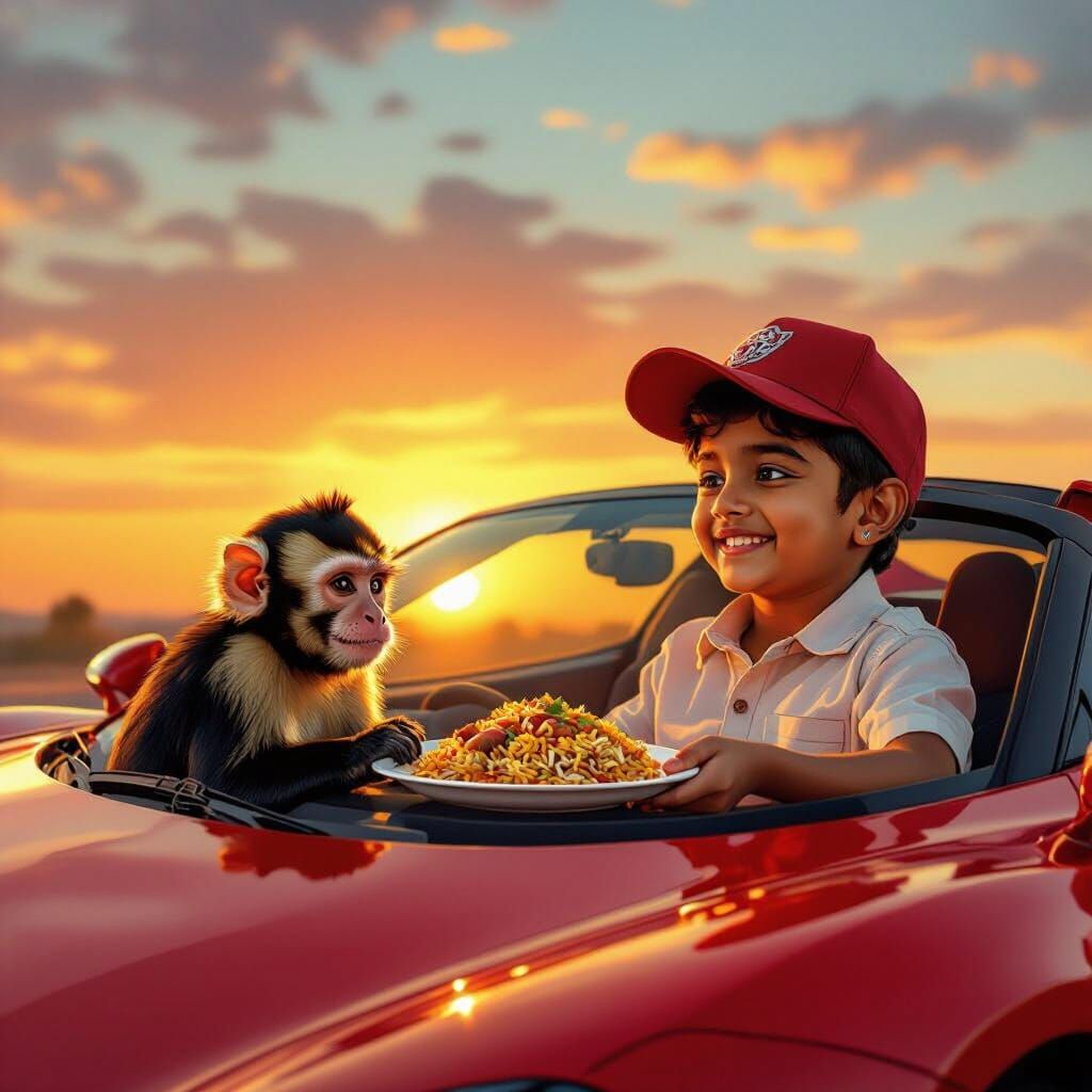 Boy with Monkey and Biryani in Red Supercar at Sunset