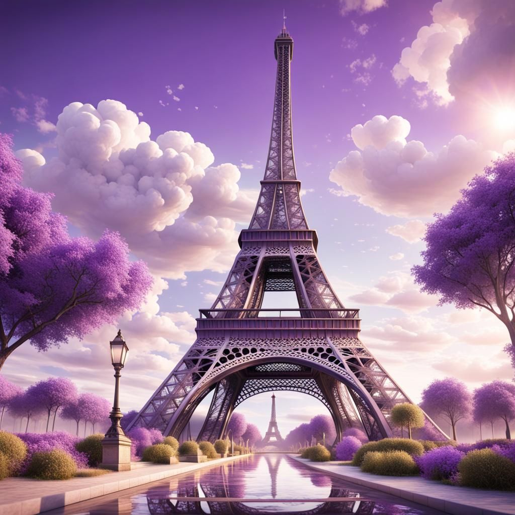 Eiffel Tower in Purple Sky: Detailed Matte Painting