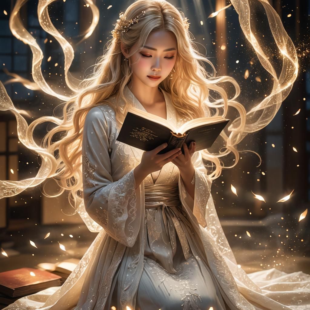 Japanese Woman with Magical Glowing Book