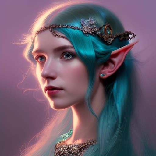 Teal-Haired Elf Portrait in Hyperdetailed Style