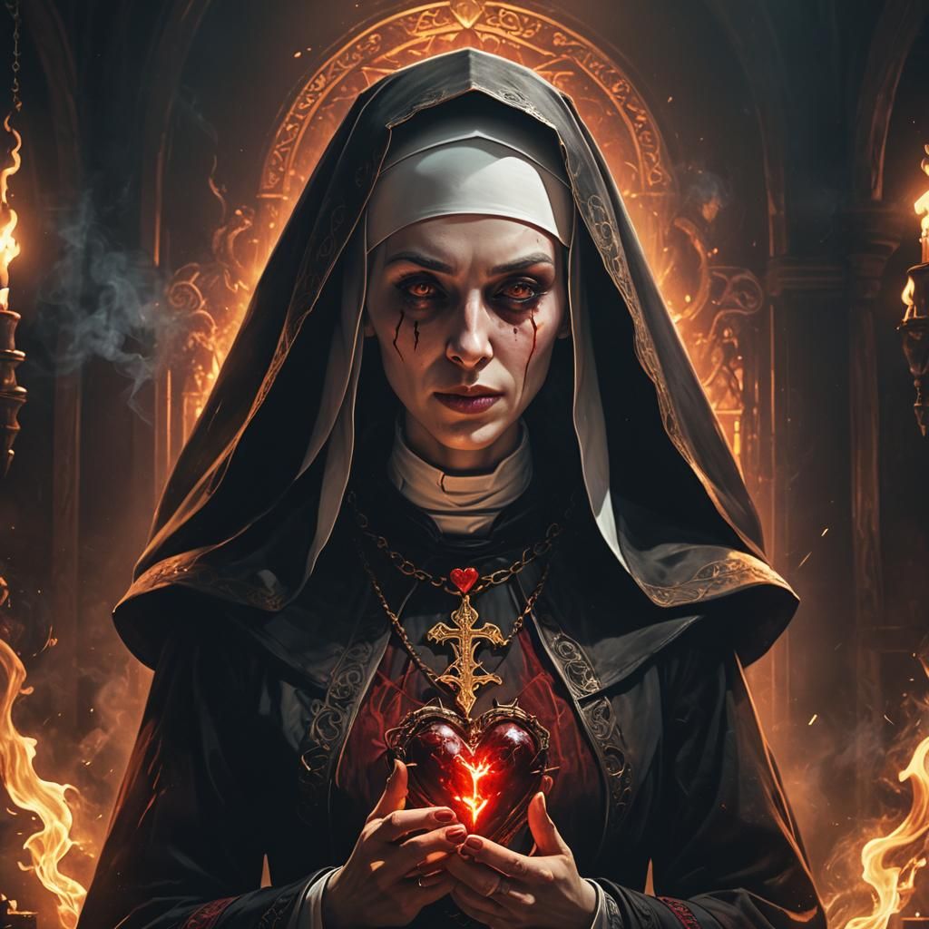 Nun Eating Glowing Heart: Dark Fantasy Portrait