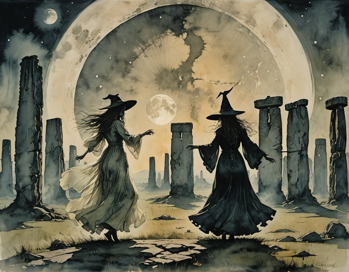 Dancing Witch at Stonehenge in Ink on Silk Style