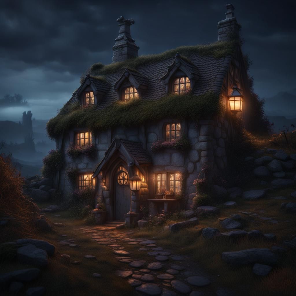 Hidden Witch's Cottage on the Moors at Night