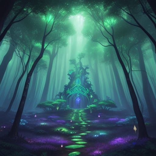 Luminous Green Forest in Ethereal Patterns