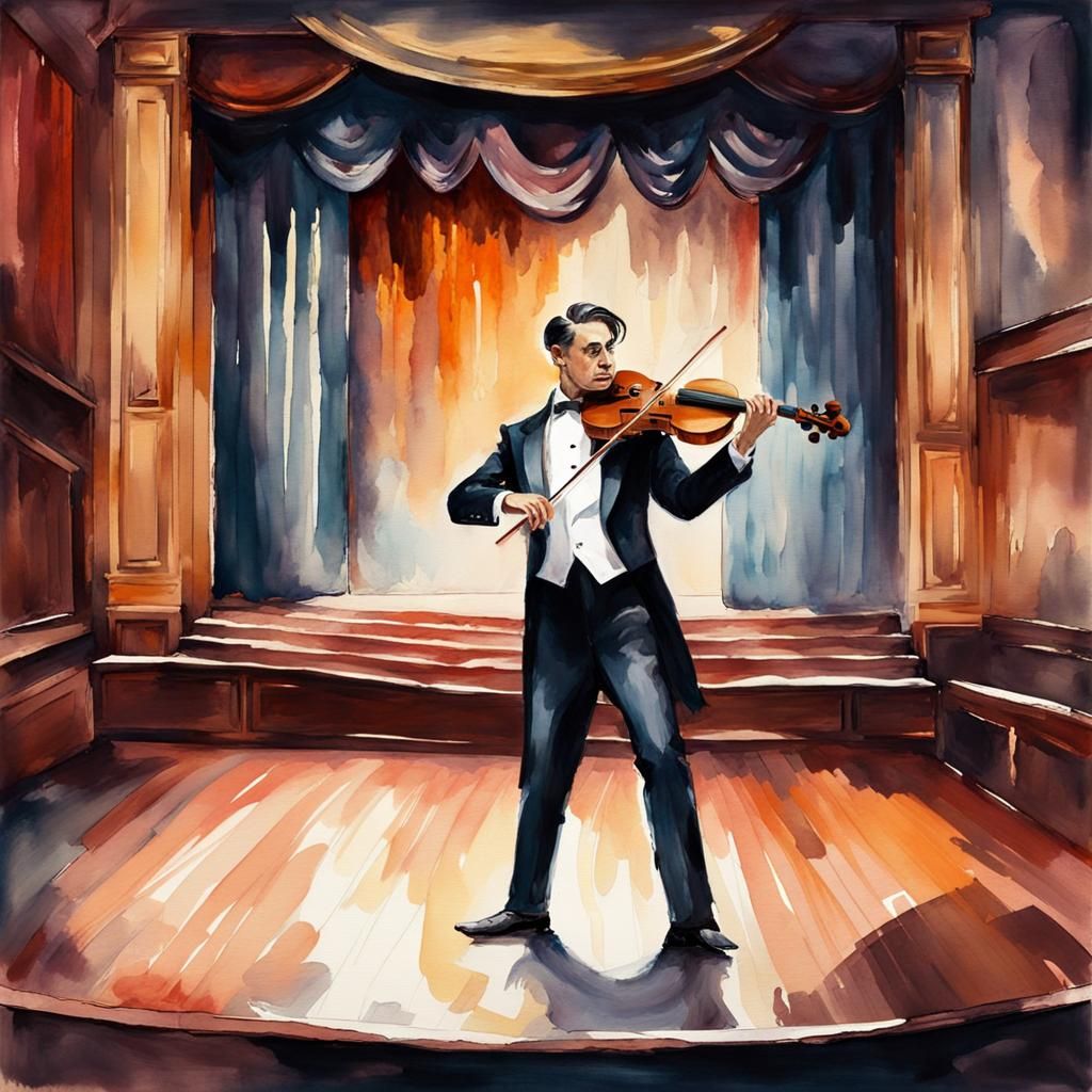 Violinist on Stage in Watercolor Gouache Style