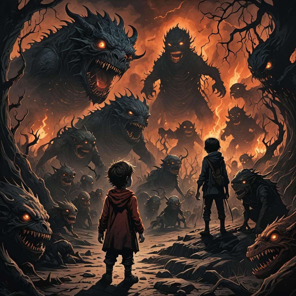Eerie Dark Fantasy: Abandoned Child Surrounded by Monsters