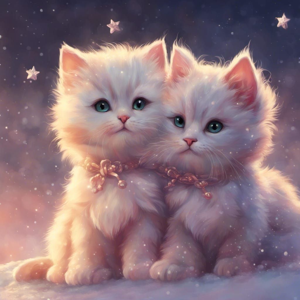 Kittens Play in Glistening Snowy Aurora Sky