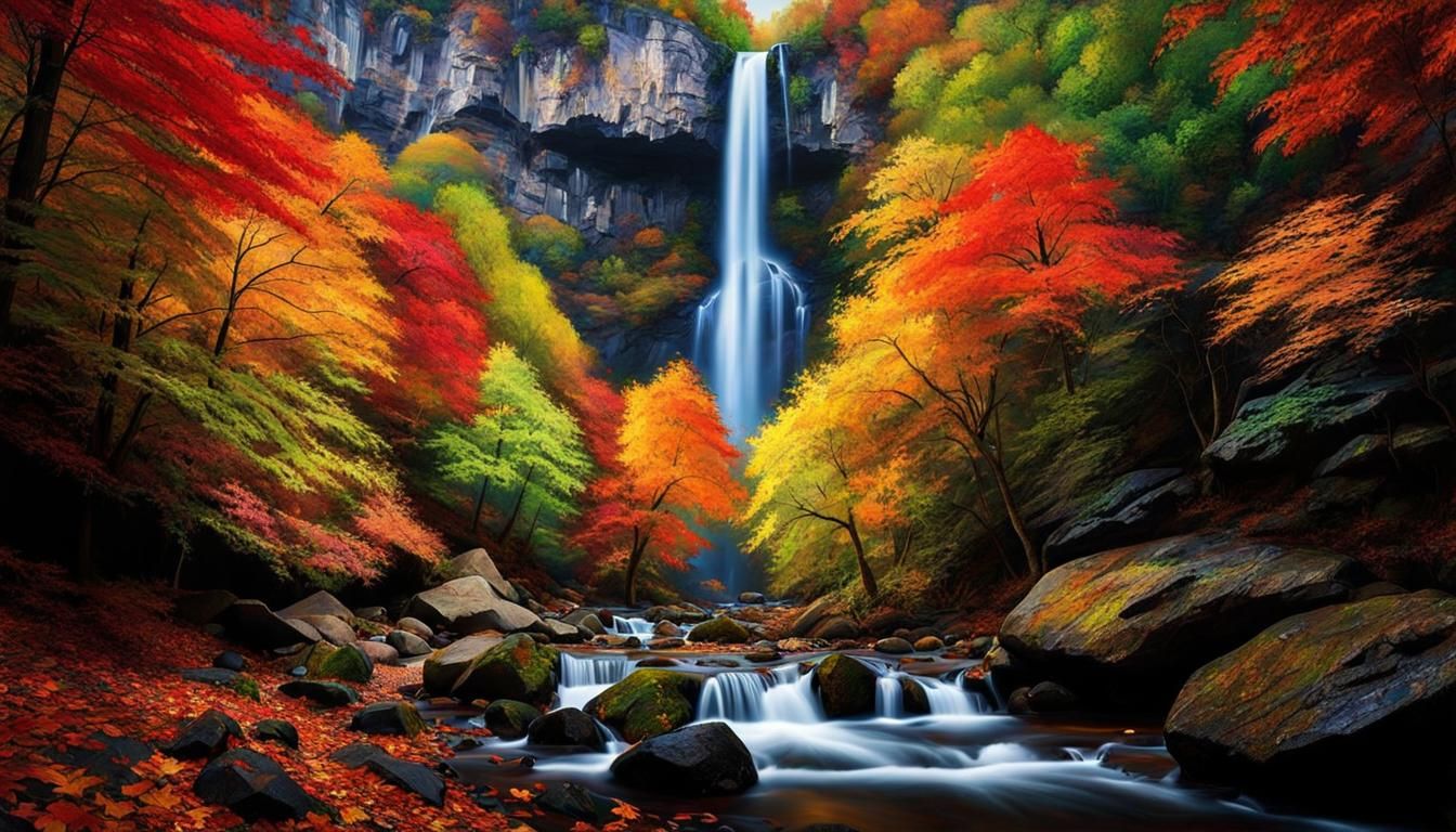 Impressionist Waterfall Through Colorful Canopy