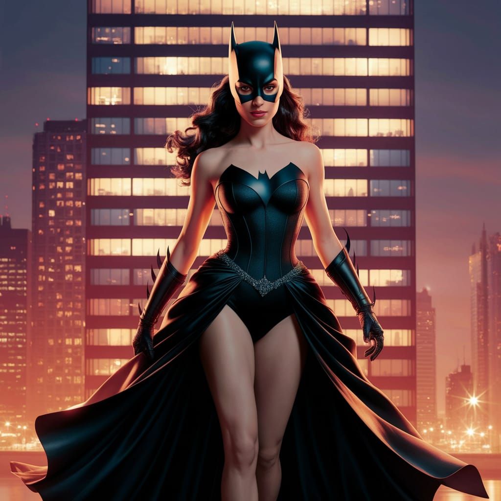 Batwoman in Black Prom Dress with Glowing City Lights