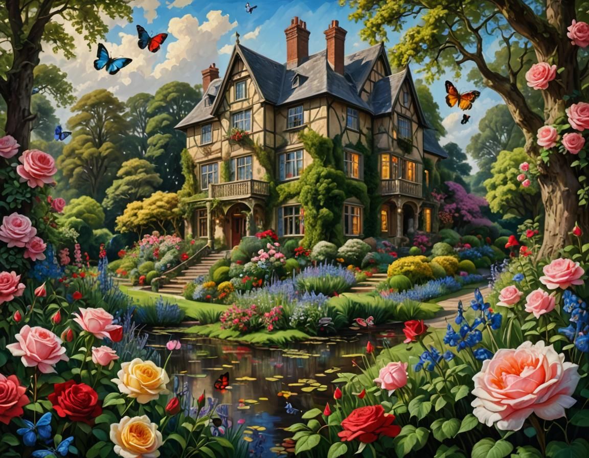 English Cottage Mansion as Impasto Oil Painting
