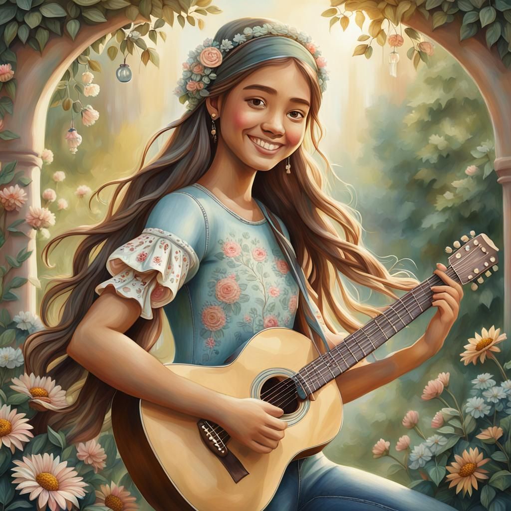 Whimsical Folk Art: Girl with Guitar