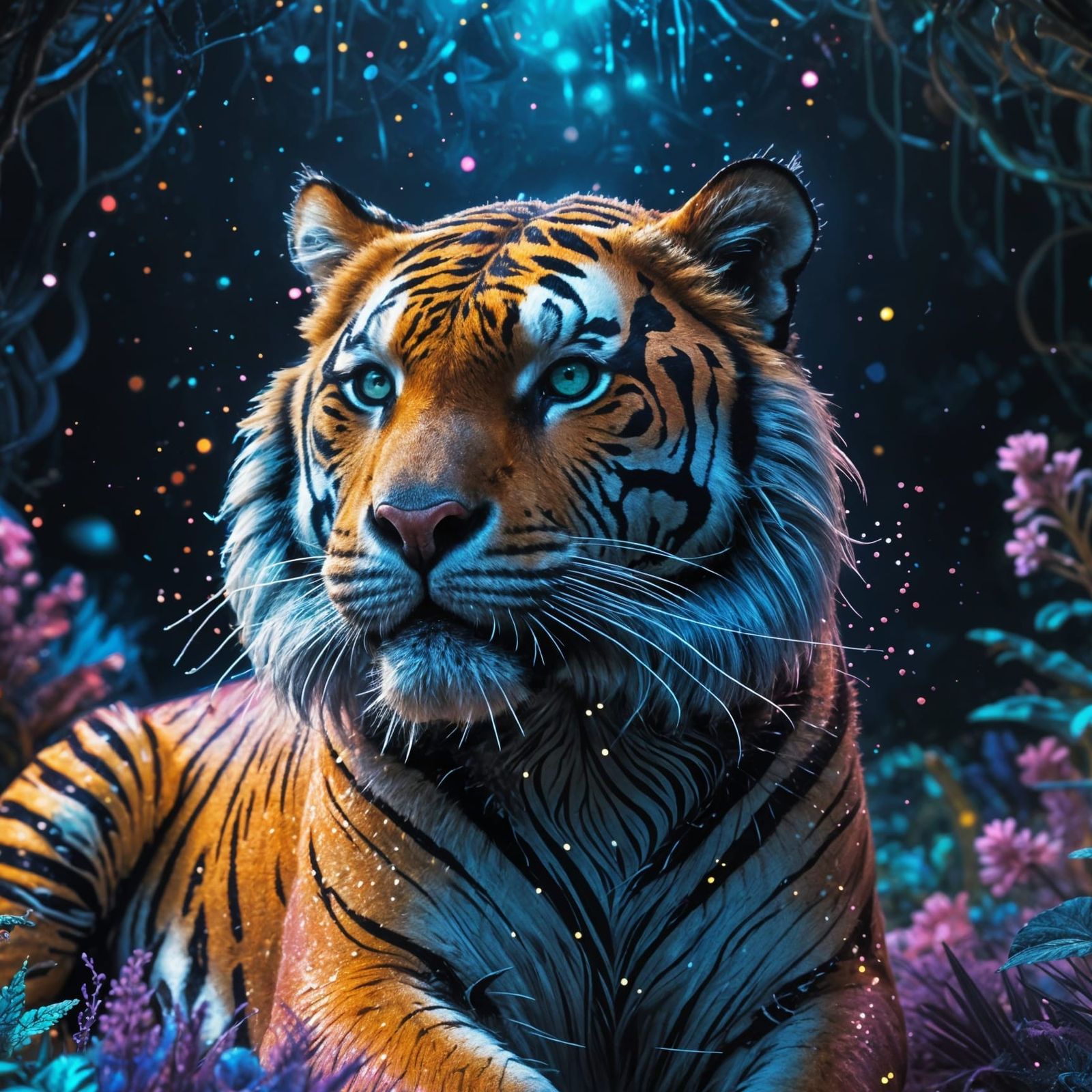 Cosmic Tiger Roars with Vibrant, Bioluminescent Energy