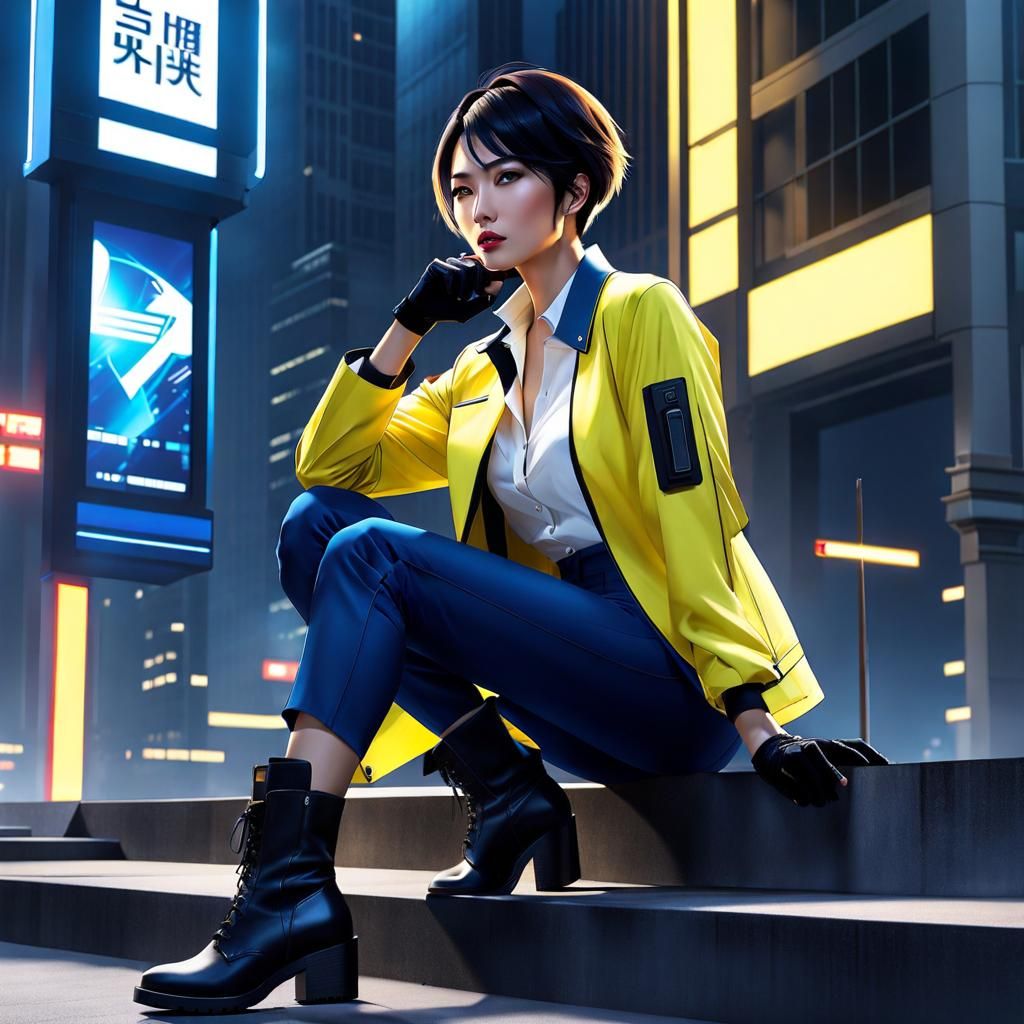 Short hair asian Woman, blue eyes, white shirt, dark blue pants, solid muted yellow collared jacket, sleeves rolled up, ...