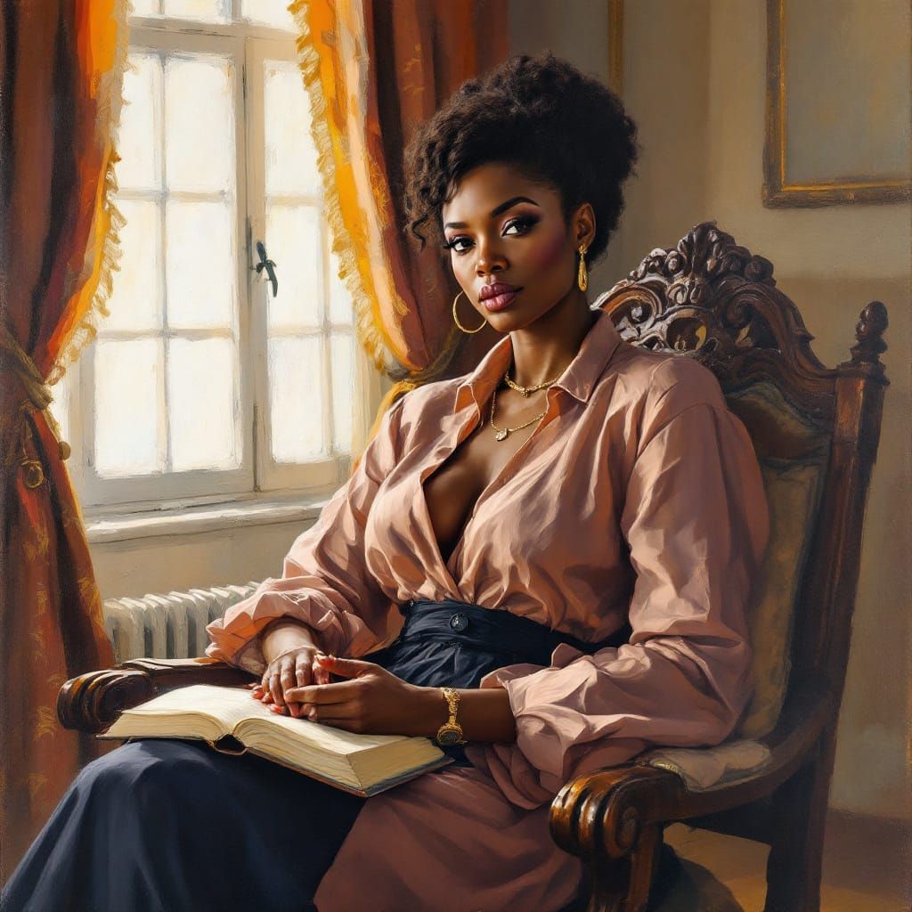 African American Woman Reading in Classical Interior