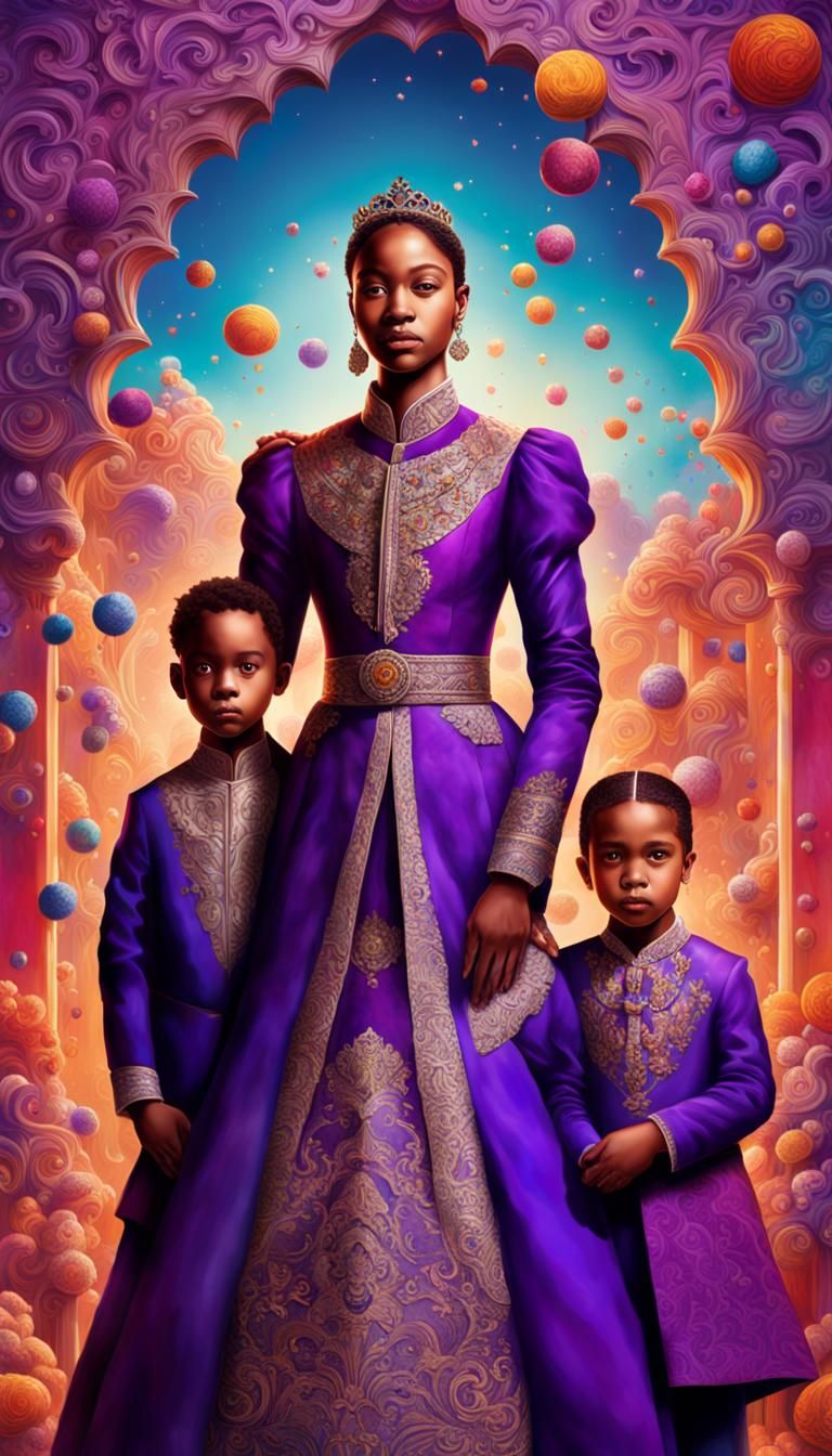 Regal Figure with Children in Hyperrealistic Splash Art