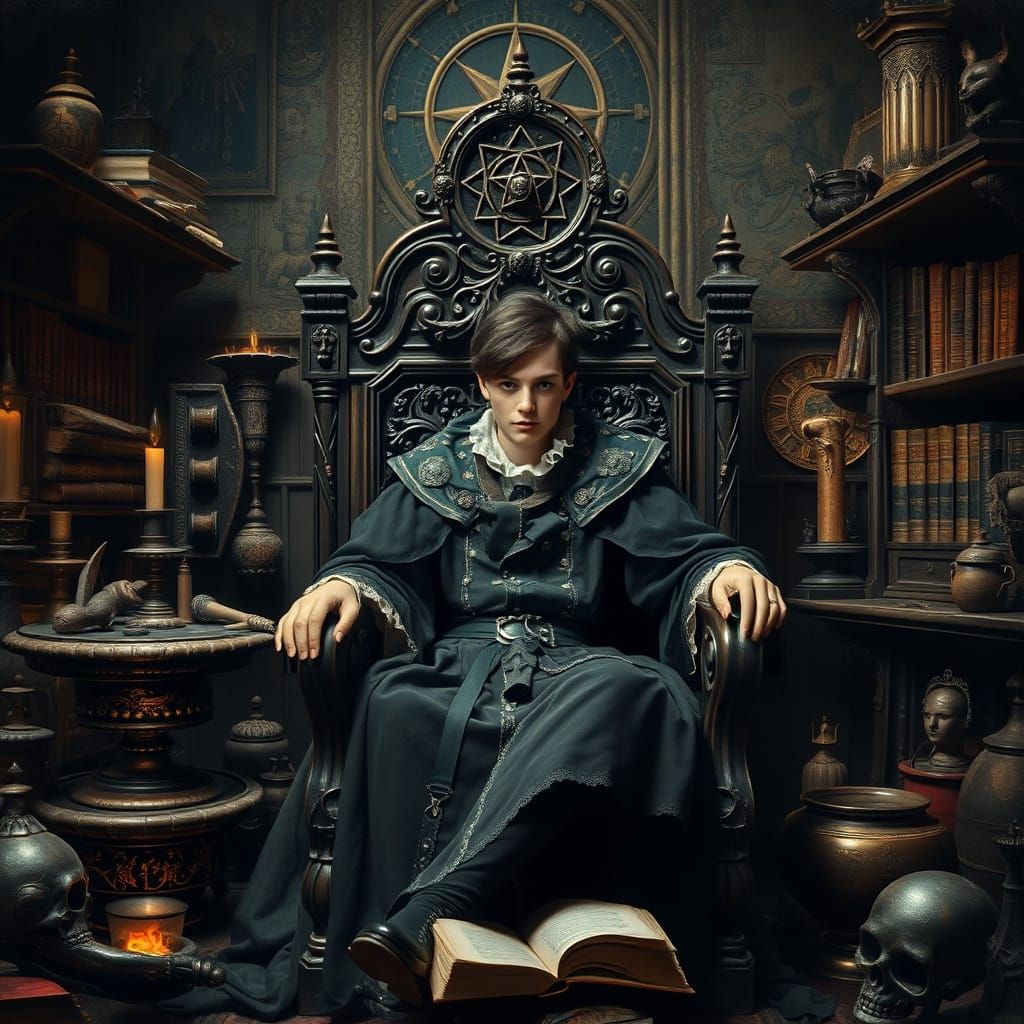 Medieval Magician in Alchemy Library, Dutch Golden Age Style