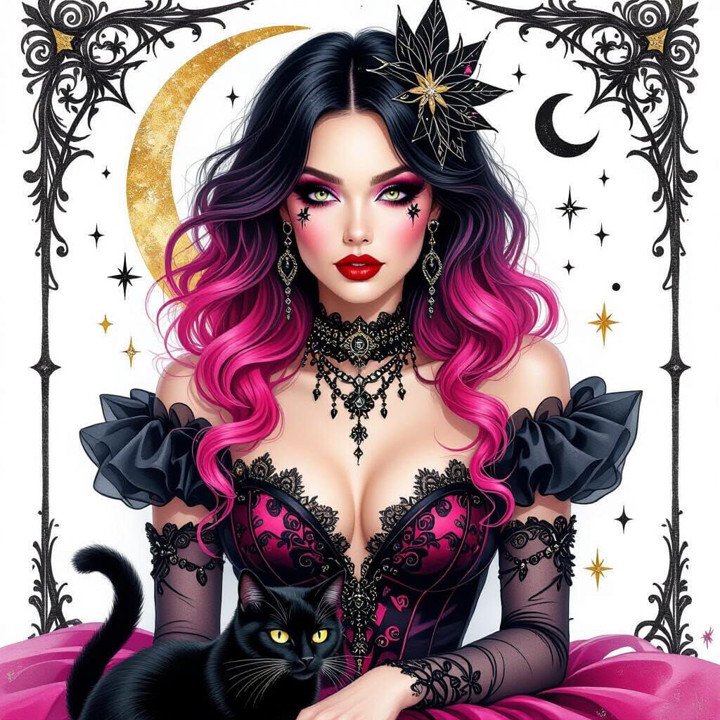 Glamour Witch in Evening Dress with Black Cat
