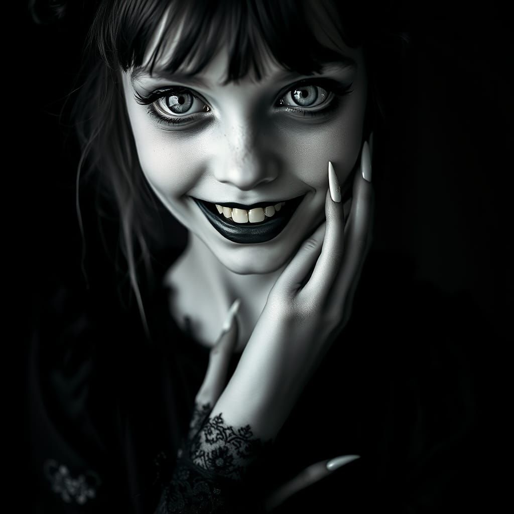 Eerie Gothic Girl Portrait in Black and White