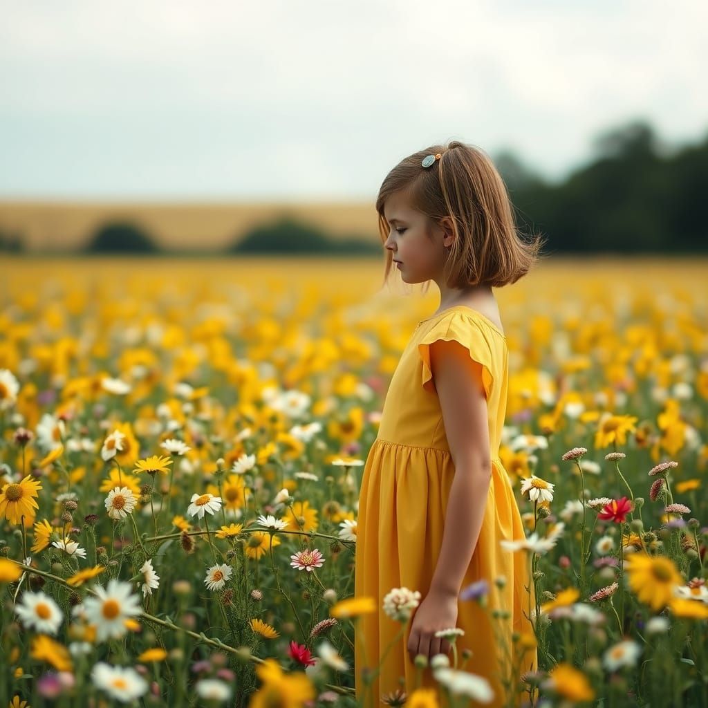 Realistic Girl in a Vibrant Floral Field