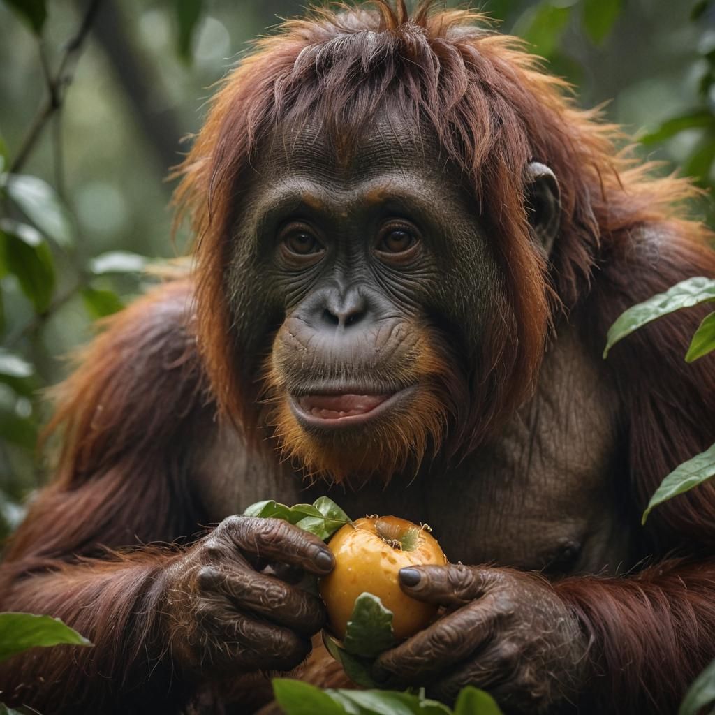 Baby Orangutan Eating Fruit: Wildlife Photography