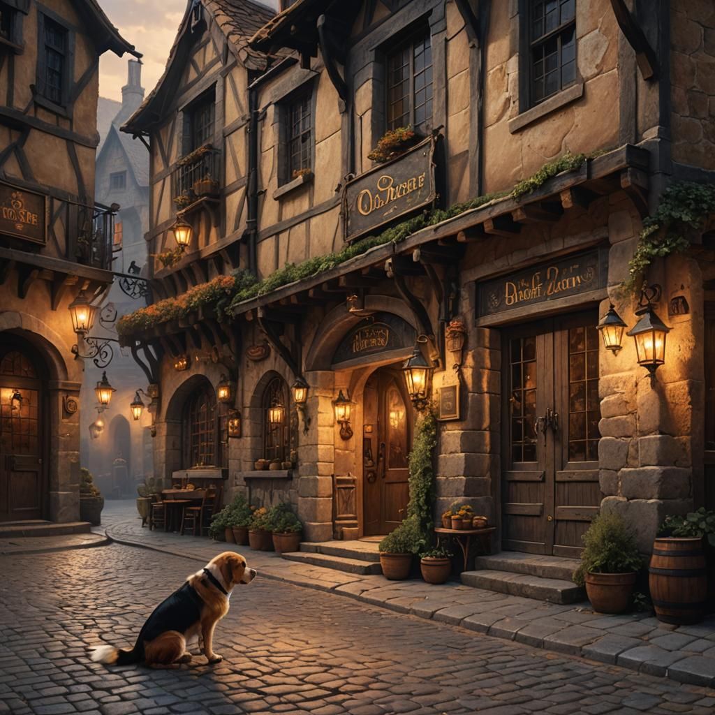 Medieval Tavern Street Scene at Dusk