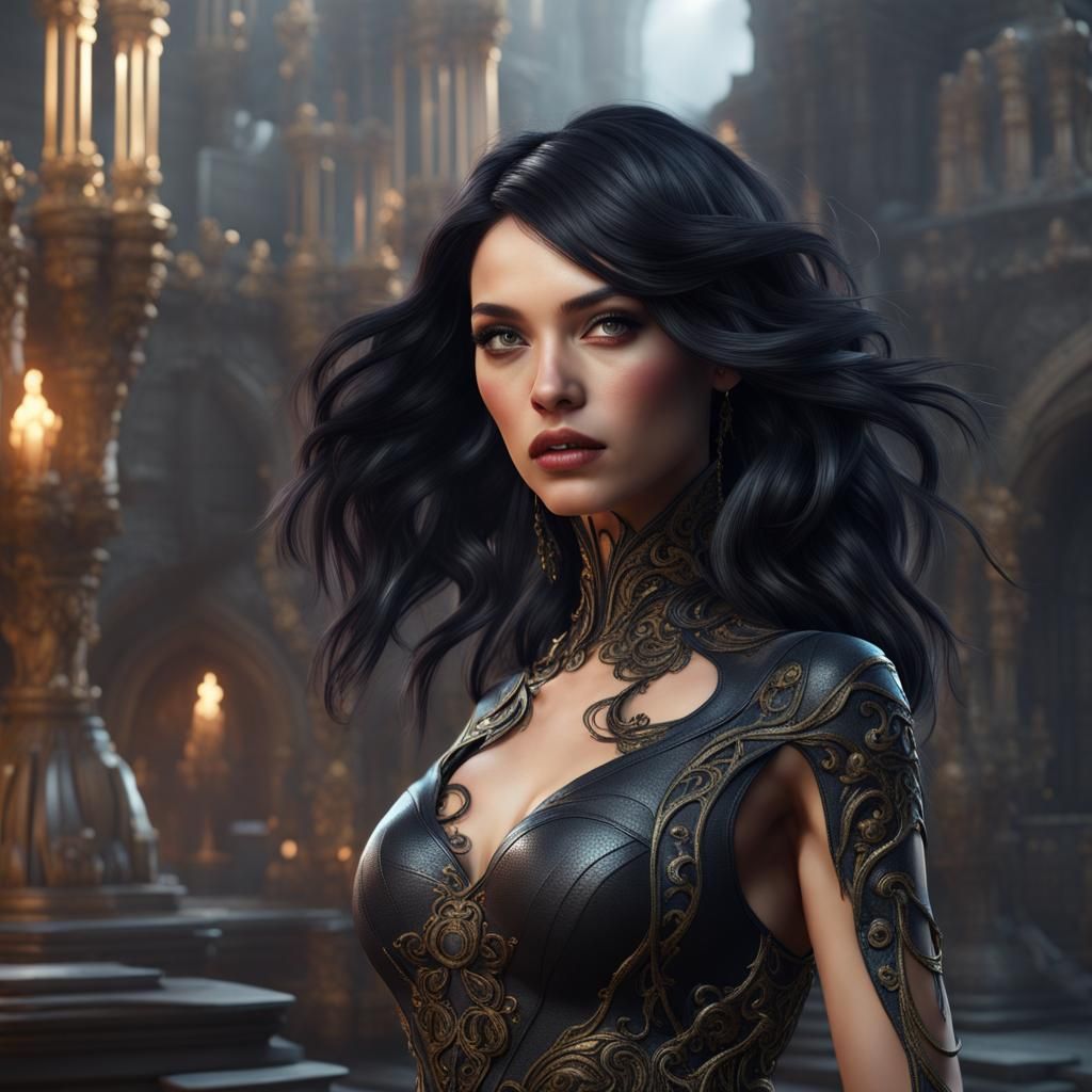 Black-Haired Supermodel in Detailed Matte Painting