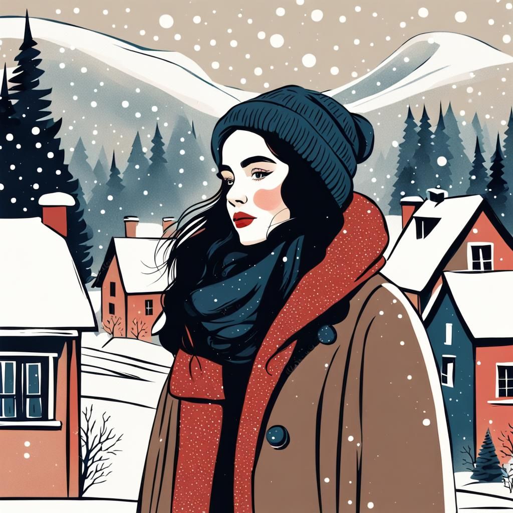 Vintage Illustration of Girl in Winter Village