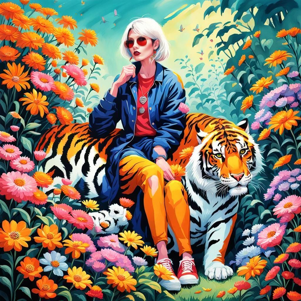 Stylish Woman with Tiger in Floral Setting