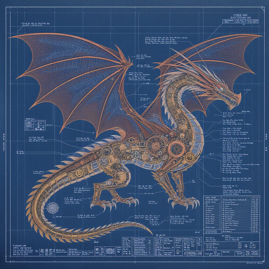 Detailed Blueprint of a Clockwork Dragon
